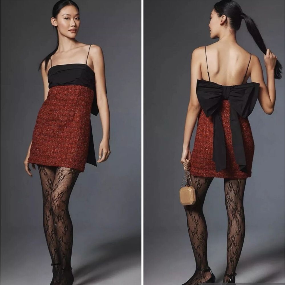 Maeve Bow Square Neck Tweed Strappy Mini Dress Red Black Women's Size Large
